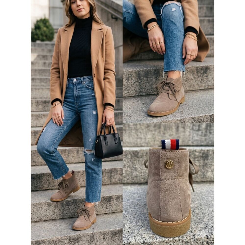 Tommy Hilfiger Balbina Suede Ankle Booties Women's Size 7 Tan Lace Up